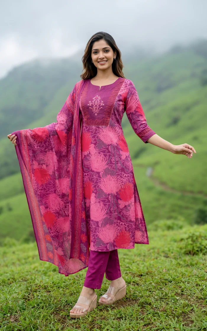 Bright Pink and Dark Purple Large Floral Printed Salwar set